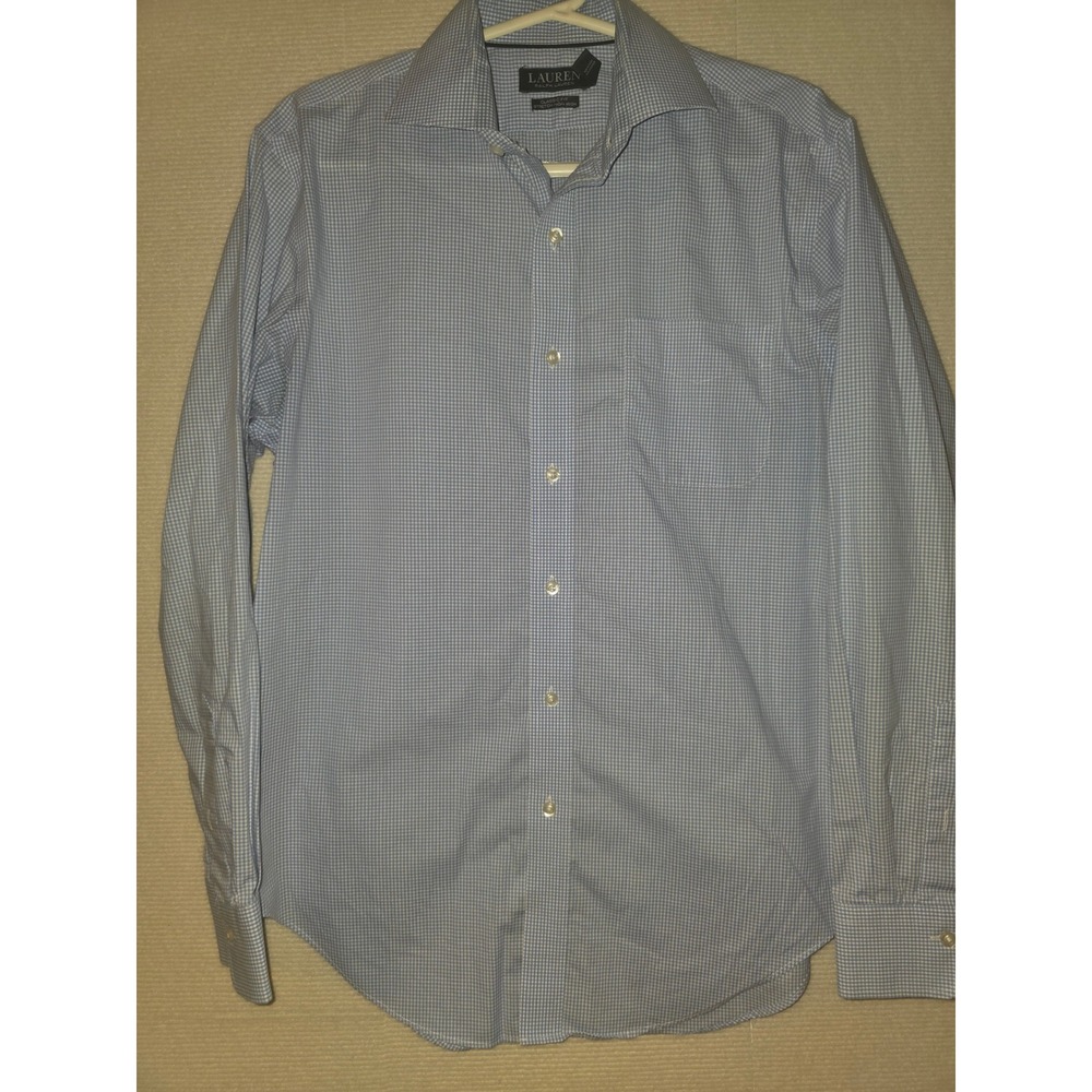Lauren Ralph Lauren Mens Blue Gingham Stretch Non Iron Dress Shirt 15.5 34/35